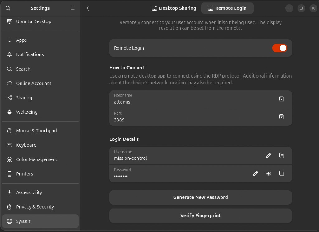 Remote Login Enabled with RDP Hostname and Port