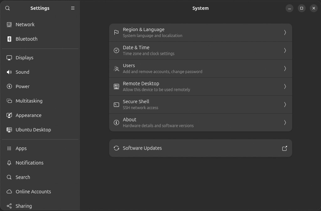 Settings System List with Remote Desktop